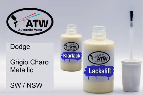 Dodge, Grigio Charo Metallic, SW / NSW: 20ml Lackstift + 20ml Klarlack - Set, von ATW Autoteile West.